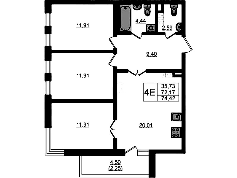 3-комнатная квартира 74.42 м², 4/4 эт., ЖК «Новая история»